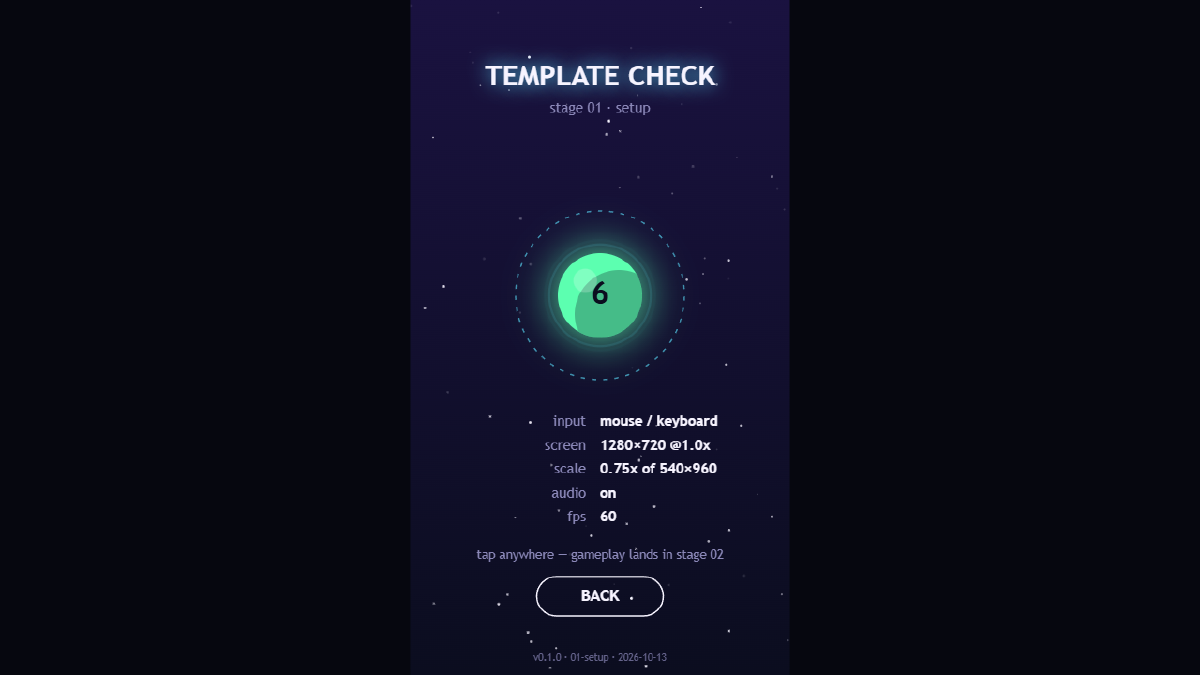 The template check screen on desktop, showing mouse and keyboard input, a 1280×720 screen, 0.75x scale and 60 fps