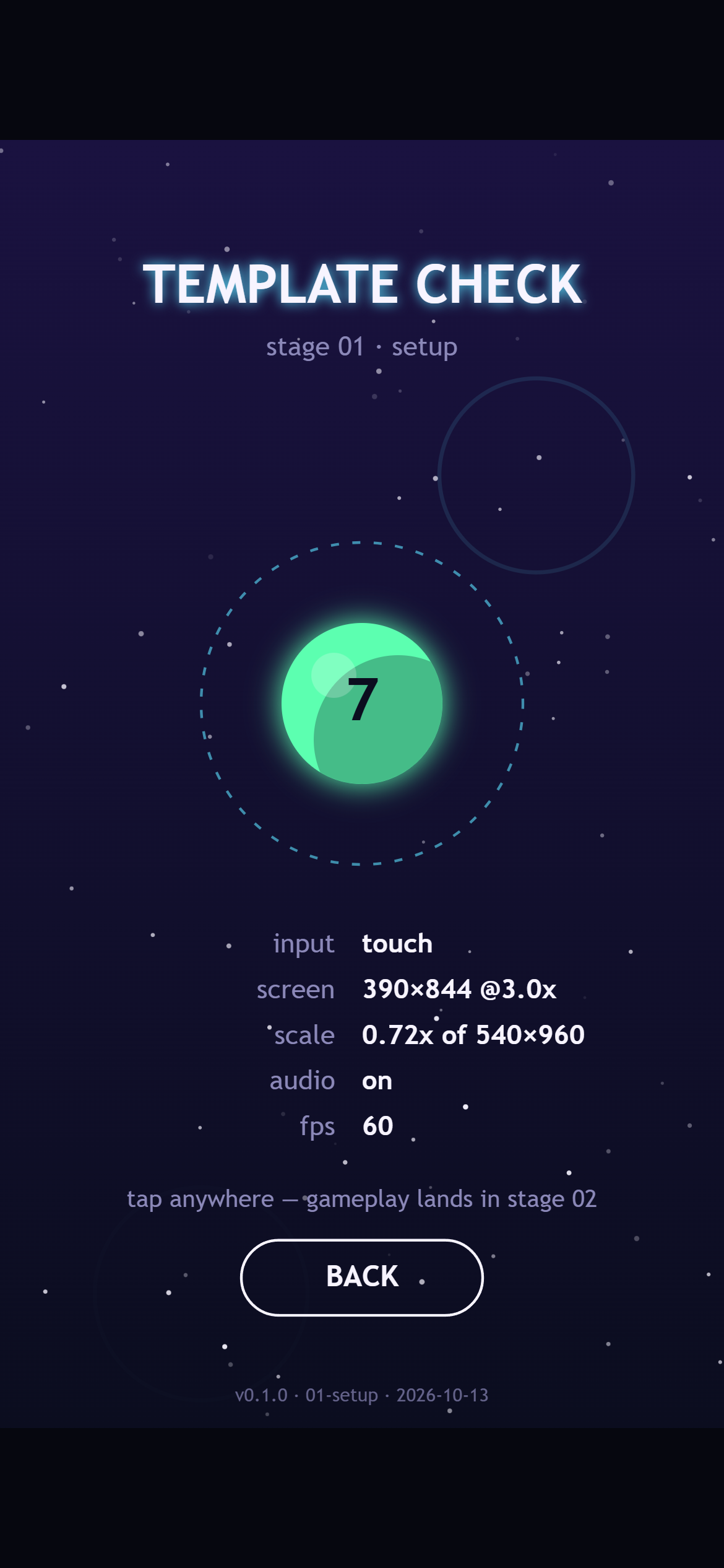 The template check screen on a phone, showing a mint planet with a tap counter of 7 and readouts for input, screen size, scale, audio and frame rate