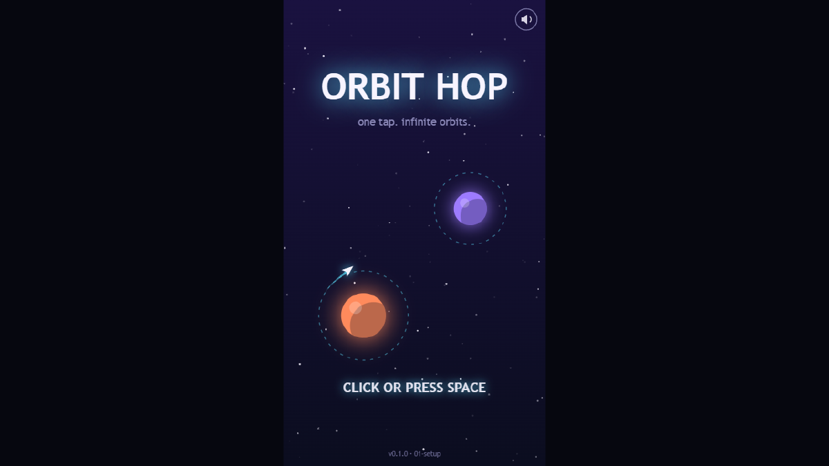 Orbit Hop title screen in a desktop browser window, with the tall game area centred and dark bars either side