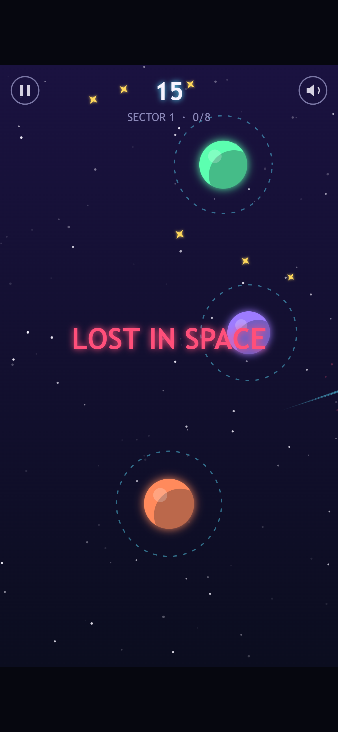 Sector 1 on a phone, with “LOST IN SPACE” in red across the middle and the ship’s trail disappearing off the right edge of the screen