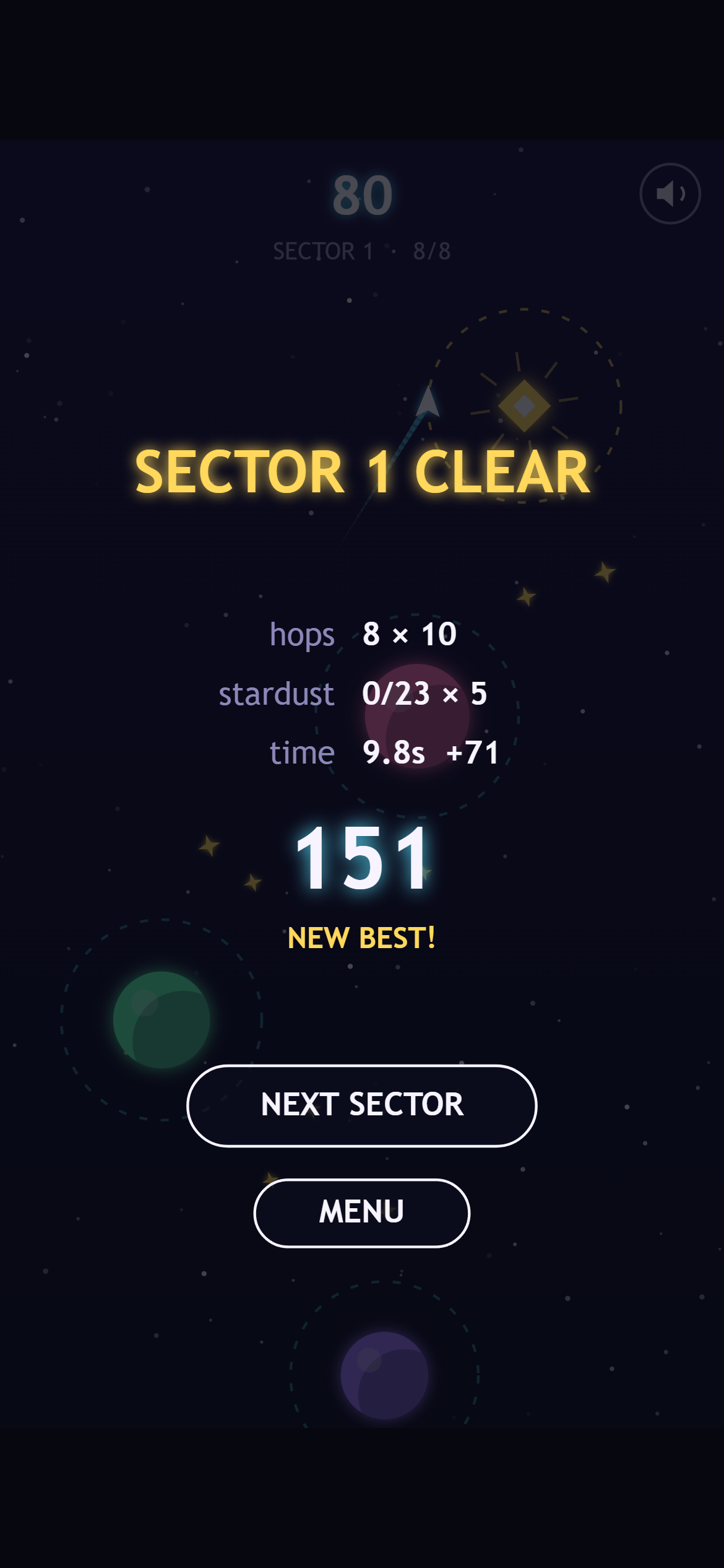 The sector 1 clear panel on a phone: 8 hops × 10, stardust 0/23 × 5, time 9.8s +71, a total of 151 and “NEW BEST!”, with Next Sector and Menu buttons