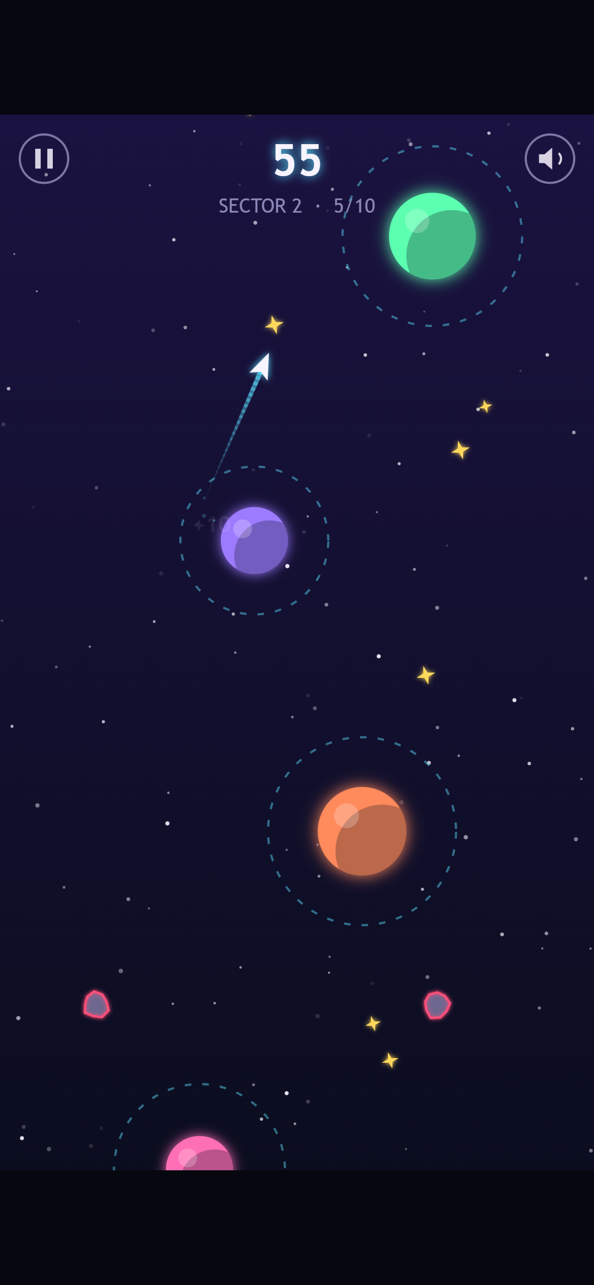 Sector 2 on a phone: the ship flies up from a purple planet towards a green one, with an orange planet below and two red-outlined asteroids near the bottom