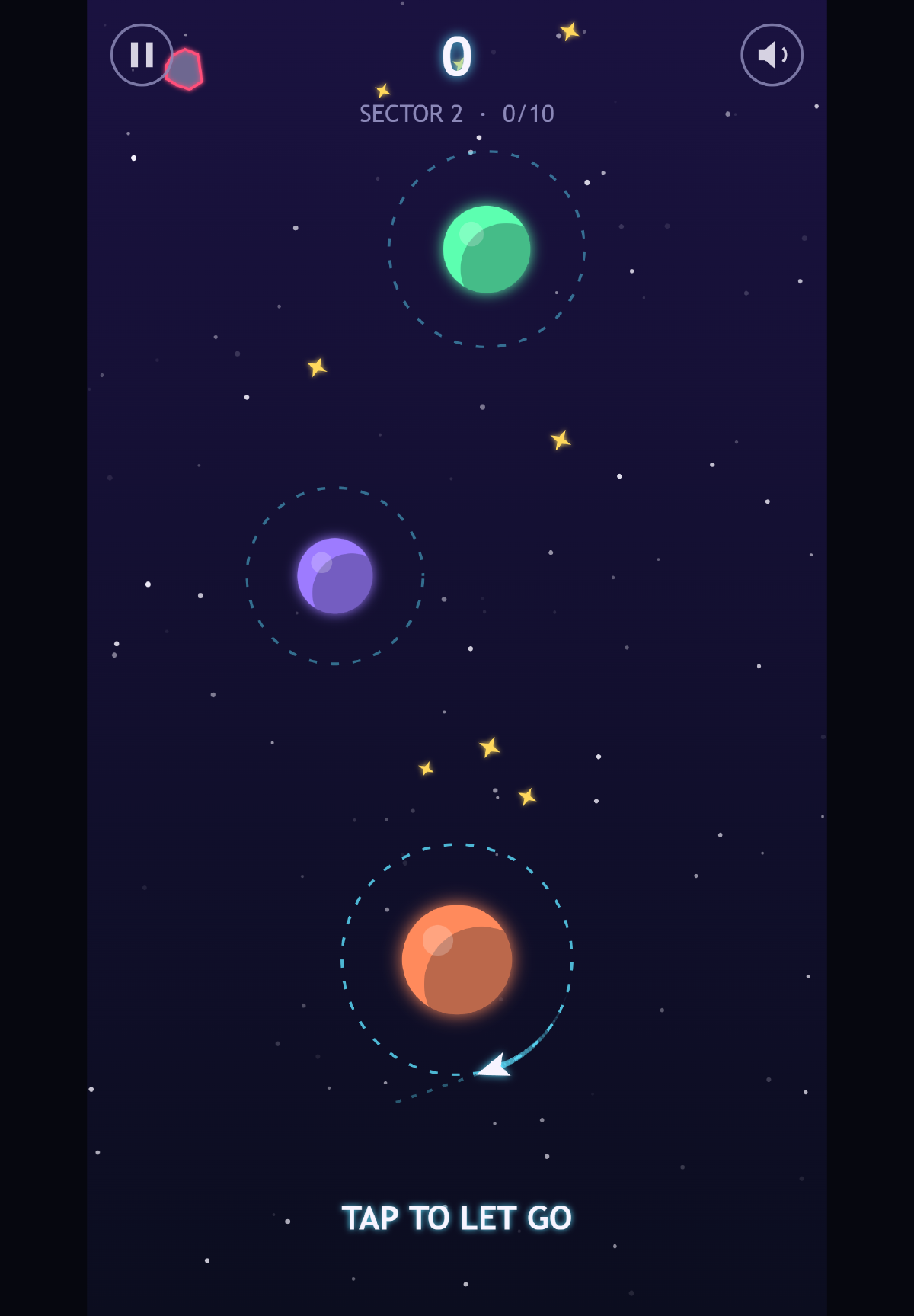 Orbit Hop on a tablet: the ship circles an orange planet at the start of sector 2, with a short dashed line showing where it would fly, two more planets above and “TAP TO LET GO” at the bottom