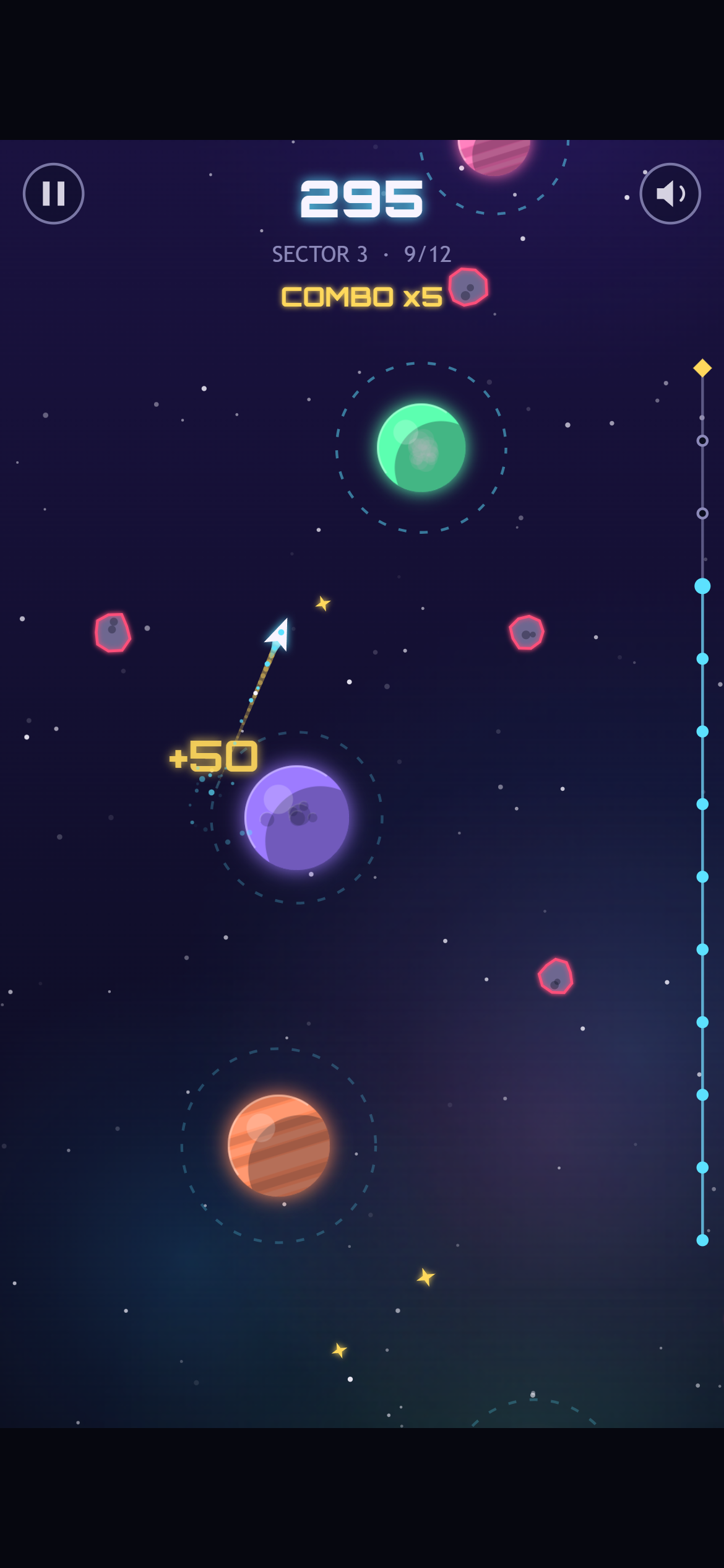 Sector 3 on a phone: score 295, “SECTOR 3 · 9/12”, a gold “COMBO x5”, the ship flying up from a purple planet with a gold “+50” beside it, a green planet ahead, red-edged asteroids around it, and the progress track on the right mostly filled