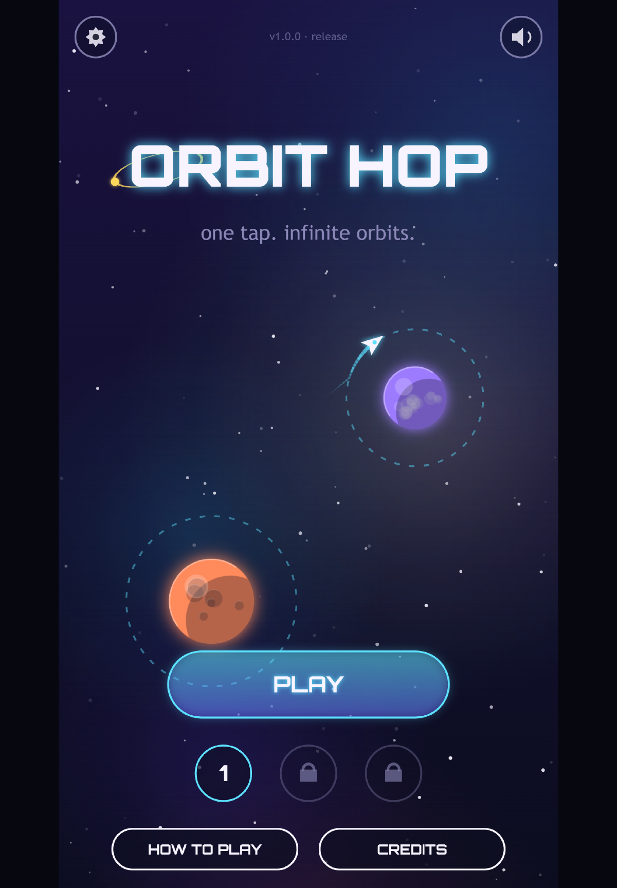 The Orbit Hop 1.0 main menu on a tablet: “ORBIT HOP” with a gold orbit around the O, the tagline “one tap. infinite orbits.”, the ship circling a purple planet above a cratered orange one, a big PLAY button, three sector buttons, How to Play and Credits, and “v1.0.0 · release” at the top