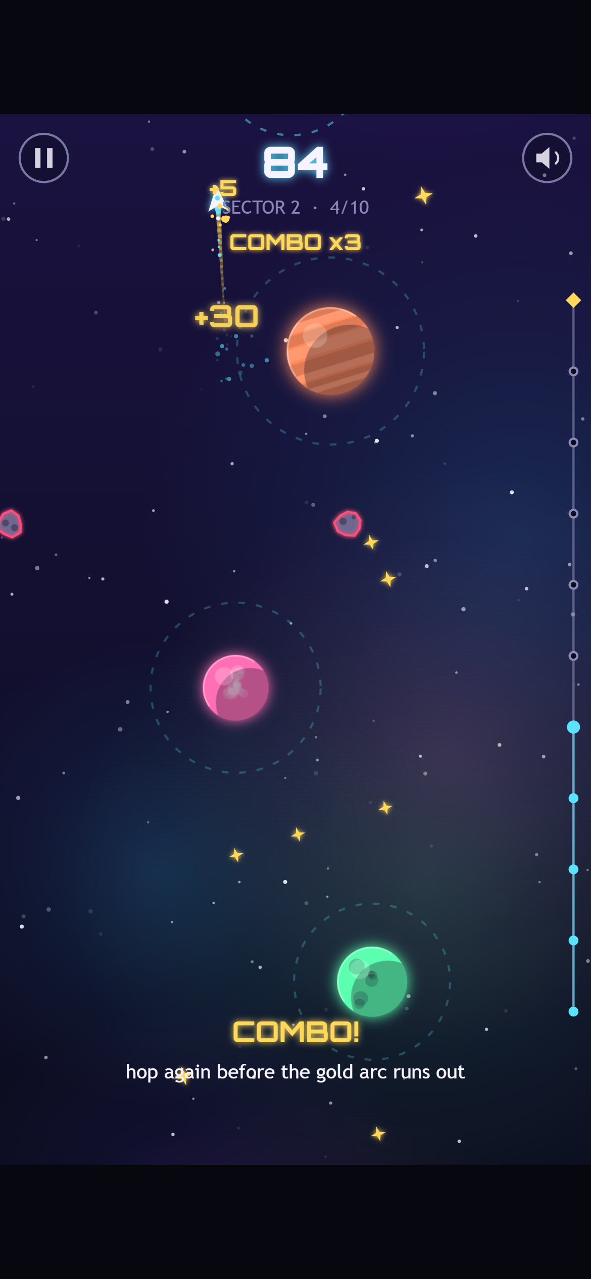 The production build at the same moment: a striped orange planet, a cratered green planet, asteroids with craters, a gold trail behind the ship, “+30” and “COMBO x3” in gold, a score of 84, a progress track on the right and a “COMBO!” tip at the bottom