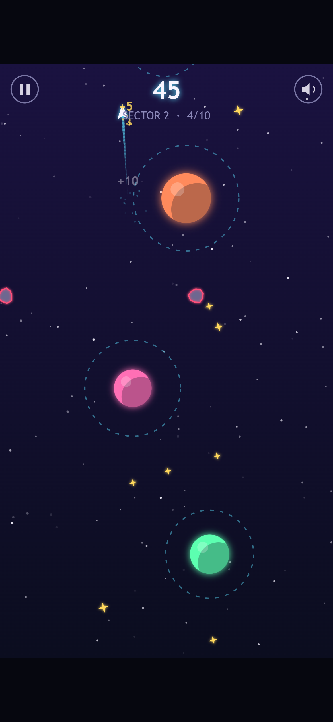 The prototype mid-flight in sector 2 on a phone: smooth orange, pink and green planets, a plain blue trail, a grey “+10” and a score of 45