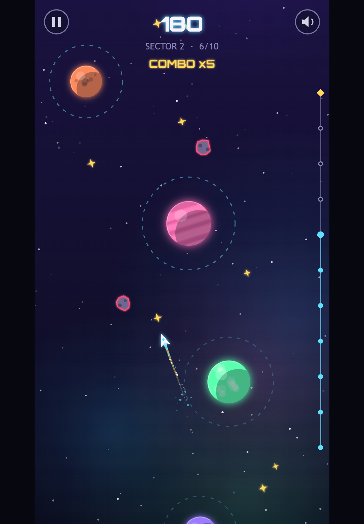 Orbit Hop on a tablet in sector 2: a gold “COMBO x5” under the score of 180, a striped pink planet in the middle, a cratered orange planet top left, the ship flying up past a green planet, and a progress track down the right edge
