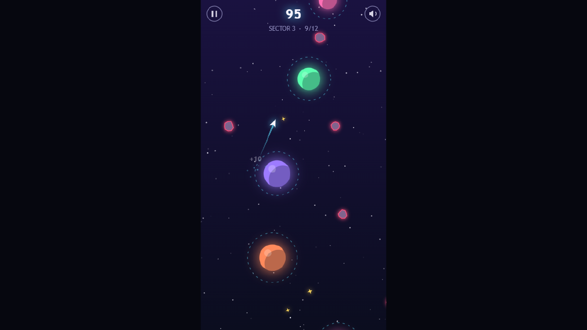 Sector 3 in a desktop browser: smaller rings, the ship flying up from a purple planet, several asteroids around and a score of 95 at hop 9 of 12