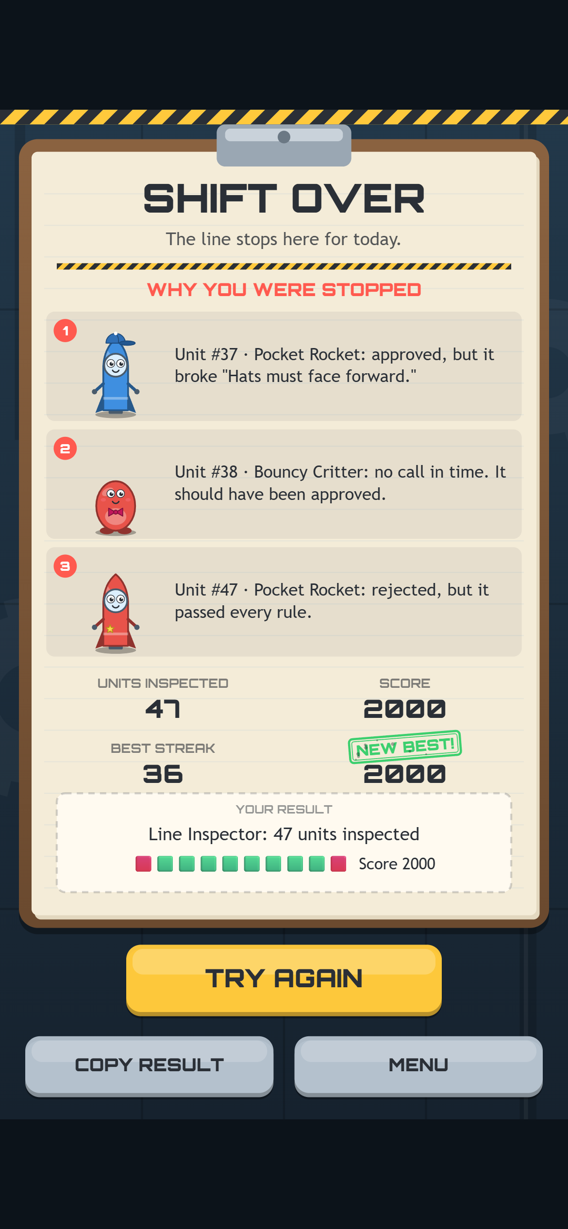 The SHIFT OVER card on a phone: three strikes with drawings of each toy, 47 units inspected, a score of 2000 with a NEW BEST! stamp, a best streak of 36, a share line and a large TRY AGAIN button
