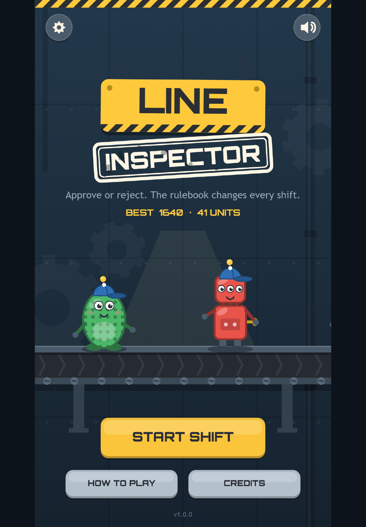The Line Inspector title screen on a tablet: a yellow LINE sign above an INSPECTOR stamp, a green dotted critter and a red three-eyed robot in caps on the conveyor belt, a best score of 1640 and START SHIFT, HOW TO PLAY and CREDITS buttons